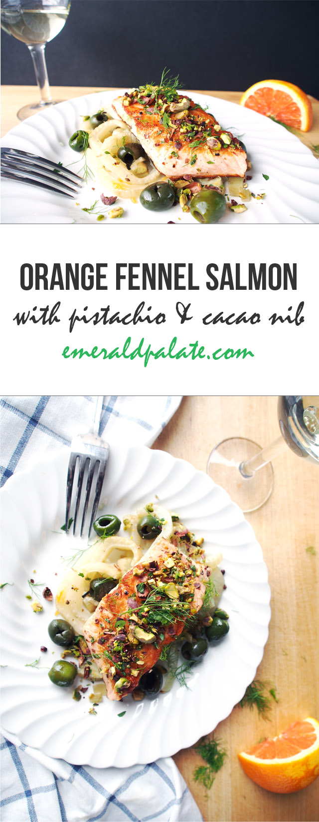 This light salmon recipe is perfect for a Valentine's Day dinner. It's made with orange, fennel, and olives and is served with a cacao nib and pistachio gremolata. The perfect wine pairing is the sauvignon blanc from Sping House winery.