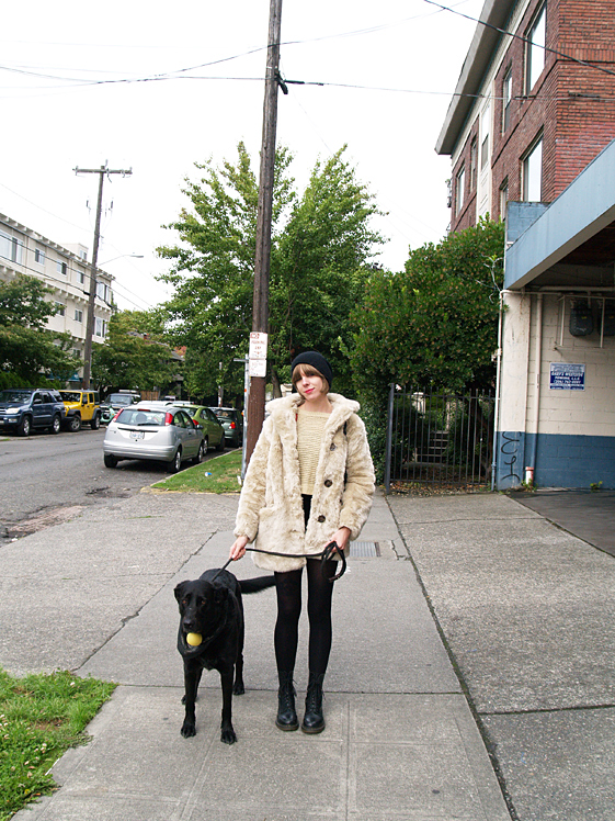 woman walking dog with style