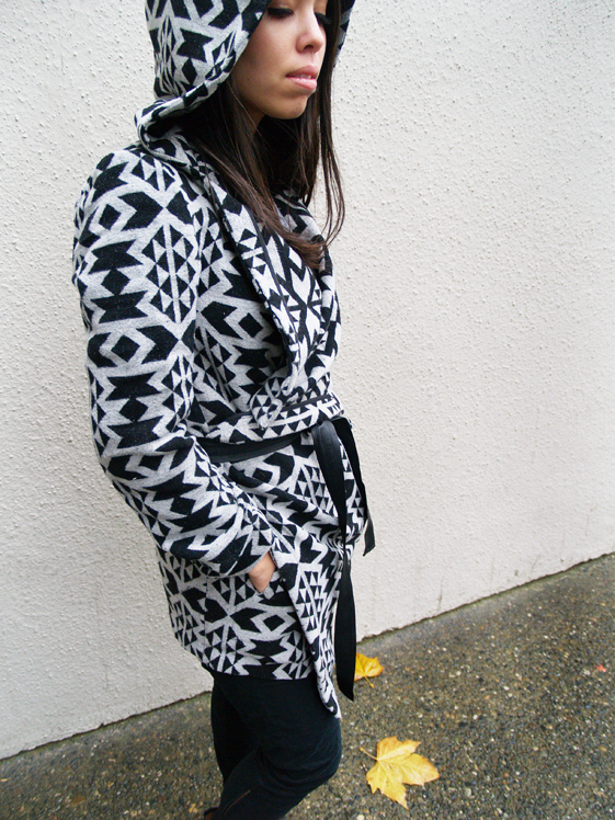 black and white graphic coat