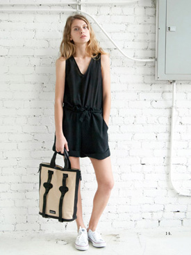 womens leather tote and black loose romper