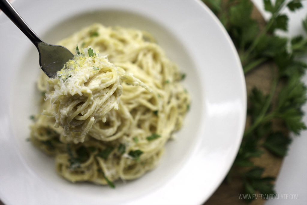 close up of fettuccini with sunchoke sauce