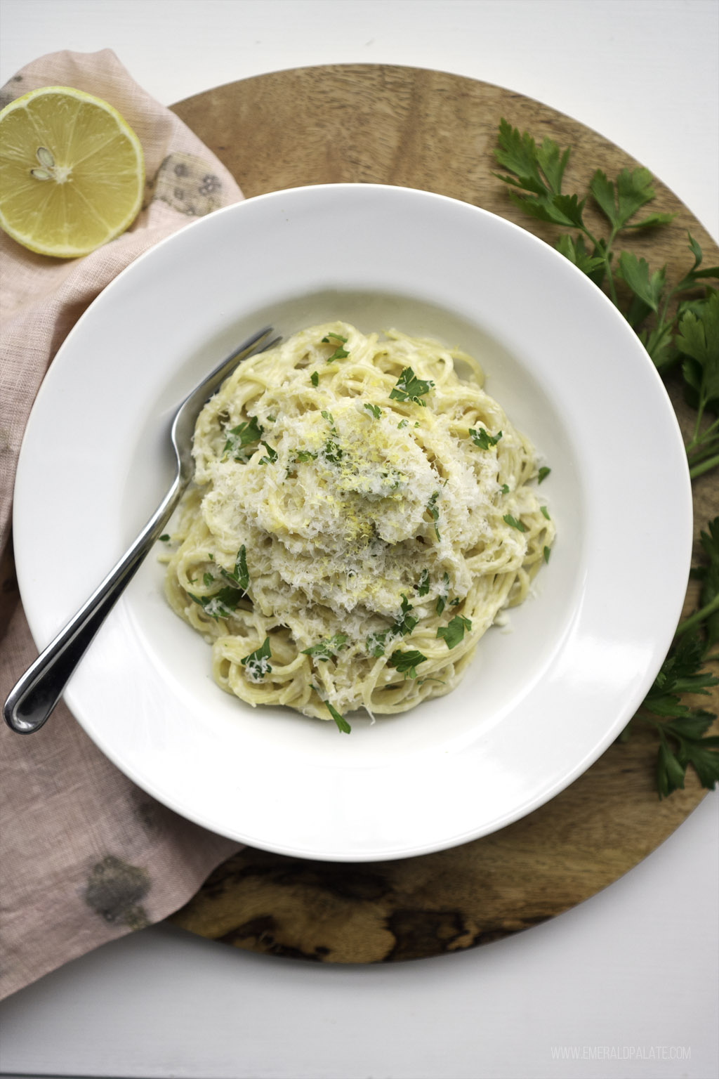 bowl of fettuccini pasta with sunchoke sauce