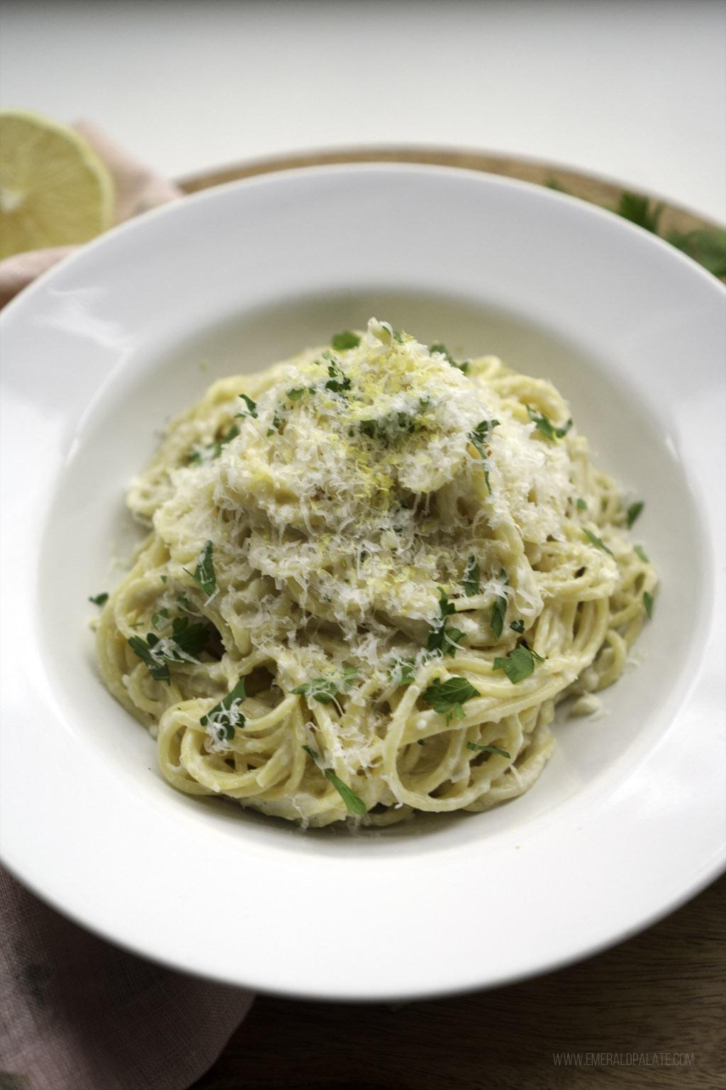 heaping bowl of pasta served with a sauce made with sunchokes