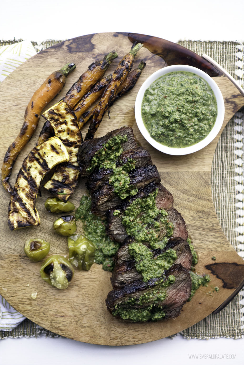 carrot greens chimichurri over steak and grilled veggies