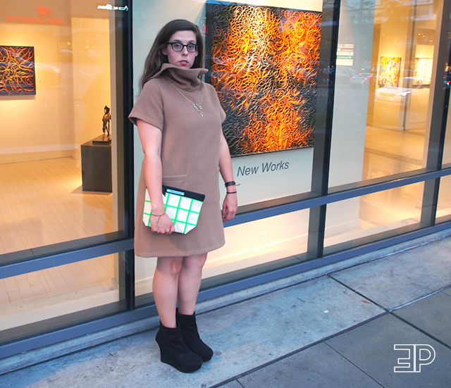 camel felt shift dress with shawl collar via @megshoppe in Brooklyn, NY. Photo taken at Bellevue Fashion Week outside of Seattle, WA