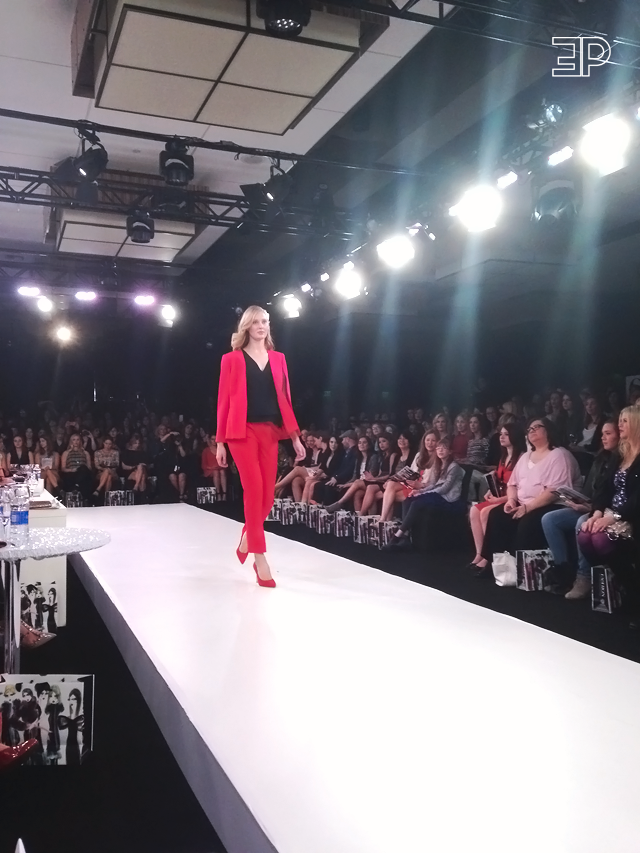 a red power suit from the Posh Trend Party Show at Bellevue Fashion Week, outside of Seattle