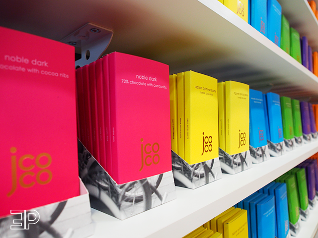 the colorful package design from jcoco chocolate at their popup store in Bellevue Square Mall, WA