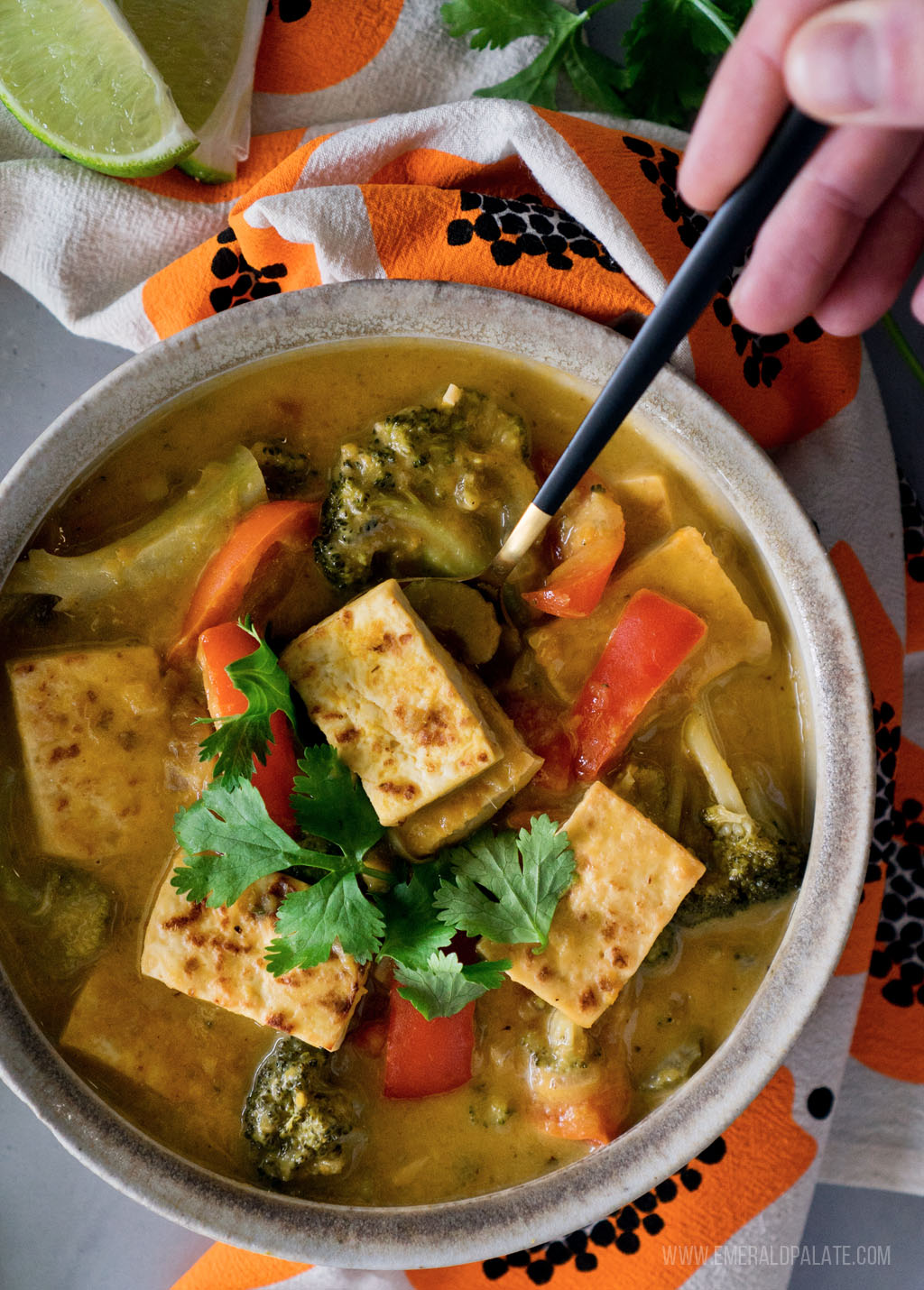 person spooning out some tofu curry with pumpkin squash