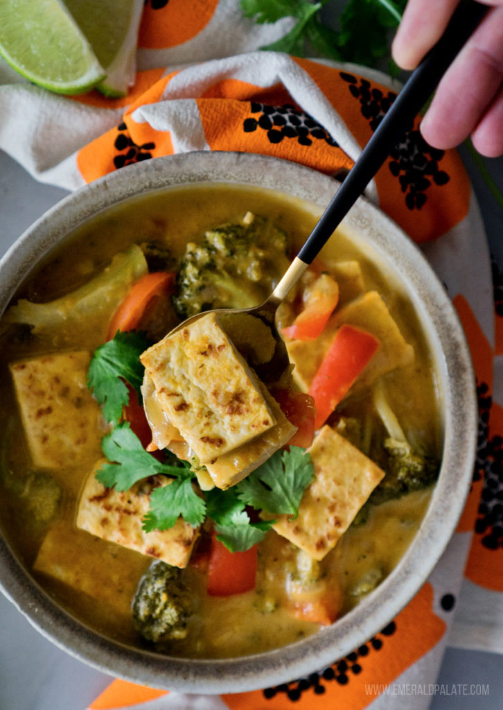 person picking up tofu from a bowl of vegetarian pumpkin curry