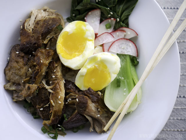 Easy rice bowl with pork shoulder, runny egg, pickled radish and bok choy