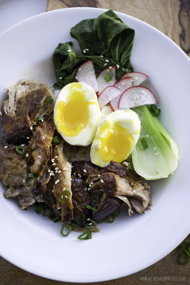 pork shoulder, egg, bok choy, and radishes