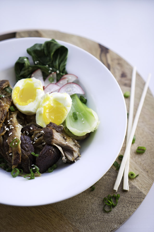 pork shoulder, egg, boy choy, and pickled radishes