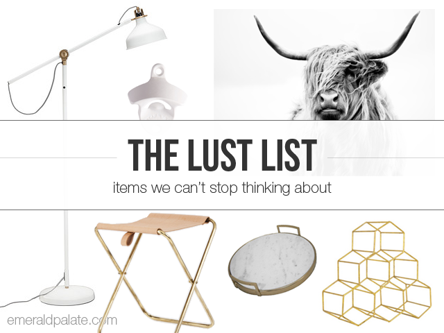 Preview of the pretty and chic items we can't stop thinking about. Featuring a white schoolhouse lamp, white wall-mount bottle opener, cow art print, brass hexagon wine rack, marble and brass serving tray, and a beautiful blush and brass folding stool.