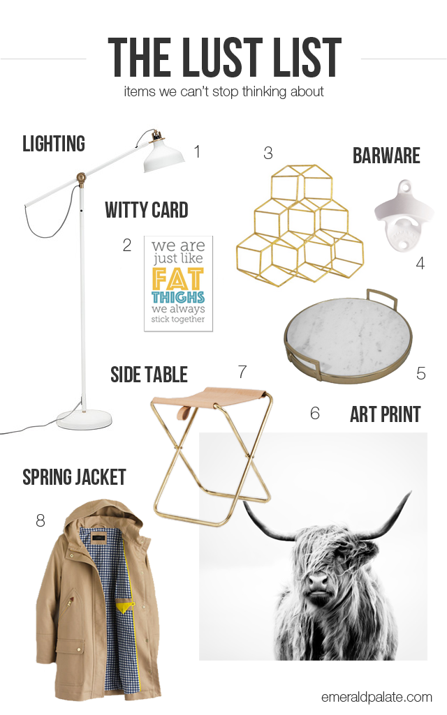Items we can't stop thinking about. Includes a white schoolhouse floor lamp, witty anniversary card, barware, a marble and brass serving tray, cow art print in black and white, and a beautiful blush and brass folding stool. Everything here is affordable, too!