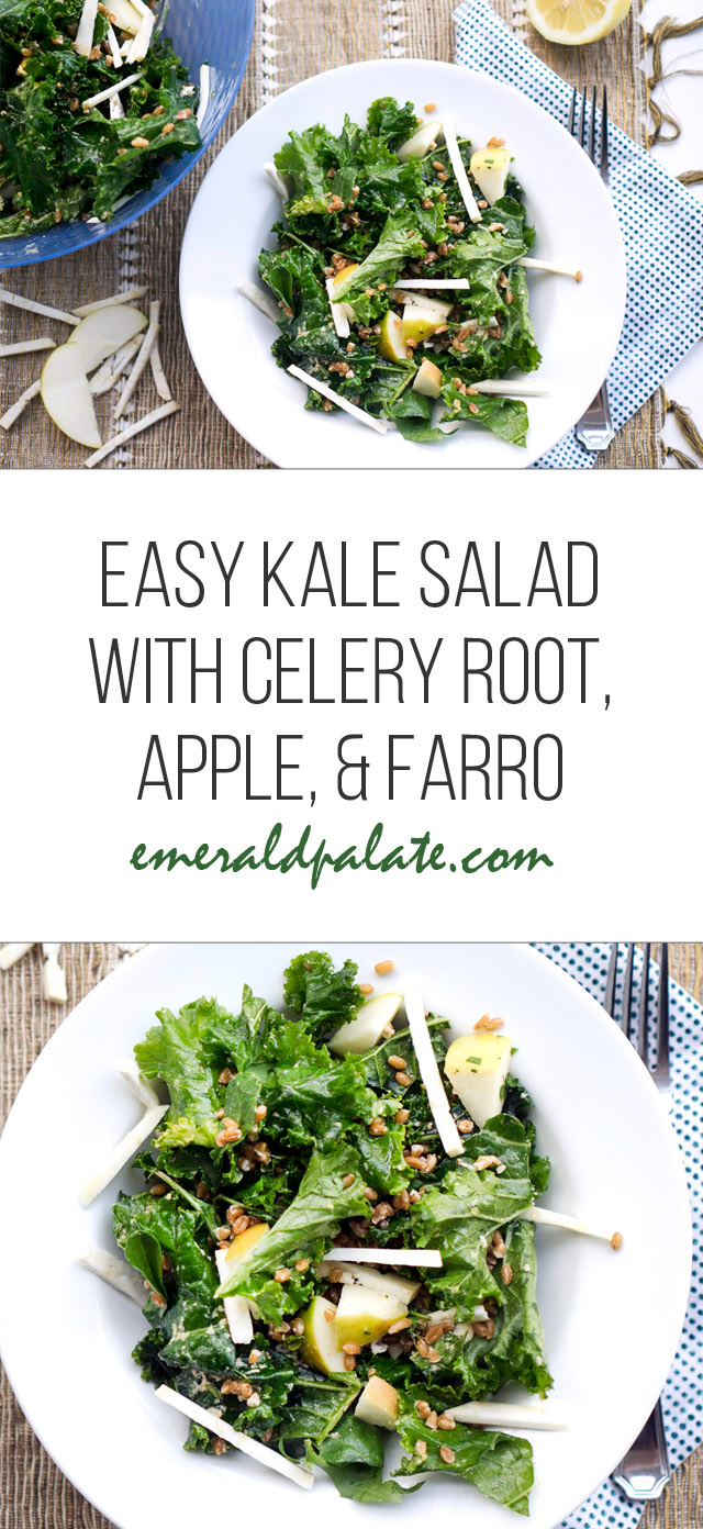 easy kale salad with celery root, apple, and farro