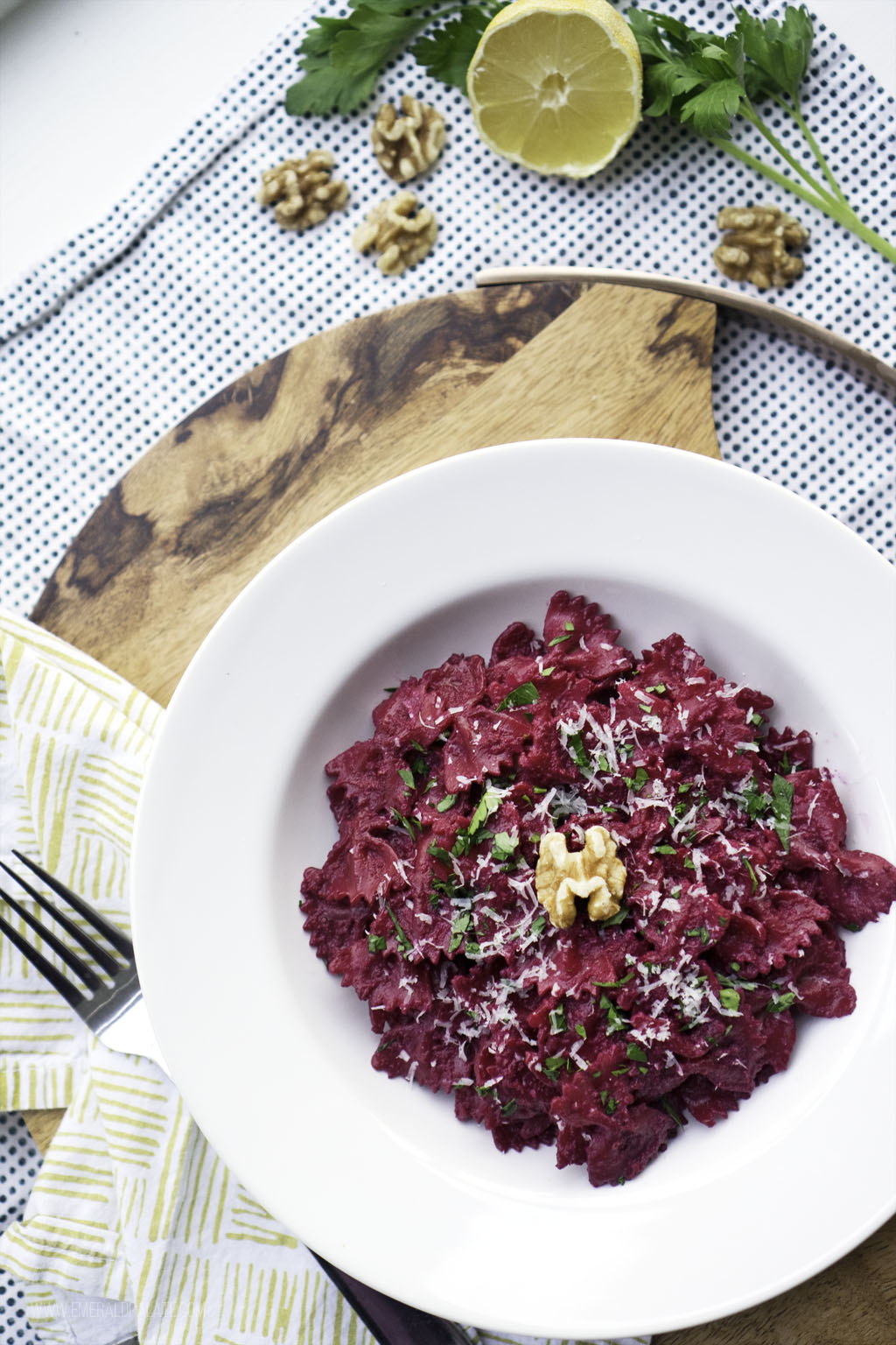 Roasted beet pesto recipe served with pasta