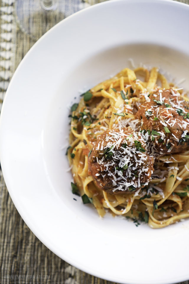 closeup of veggie meatballs that are part of a romanesco pasta recipe