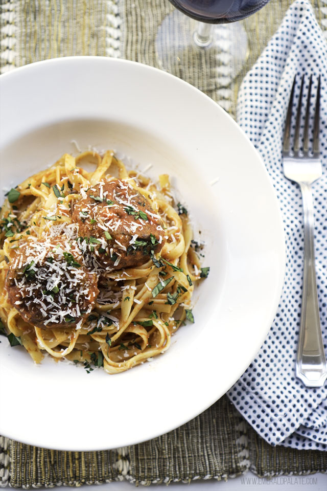 photo of romanesco pasta recipe, which has meatballs on spaghetti