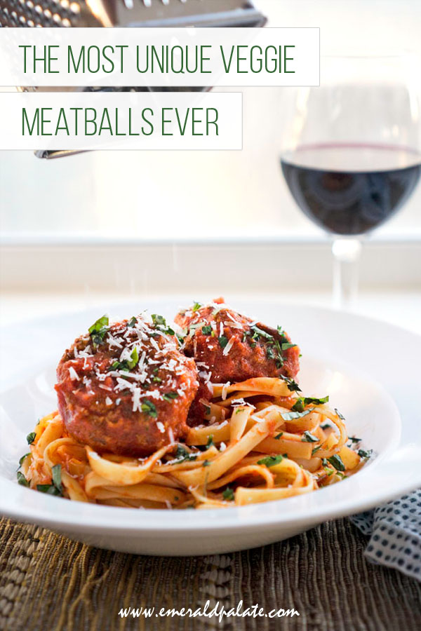 close up of 2 veggie meatballs sitting on pasta as part of a romanesco pasta recipe