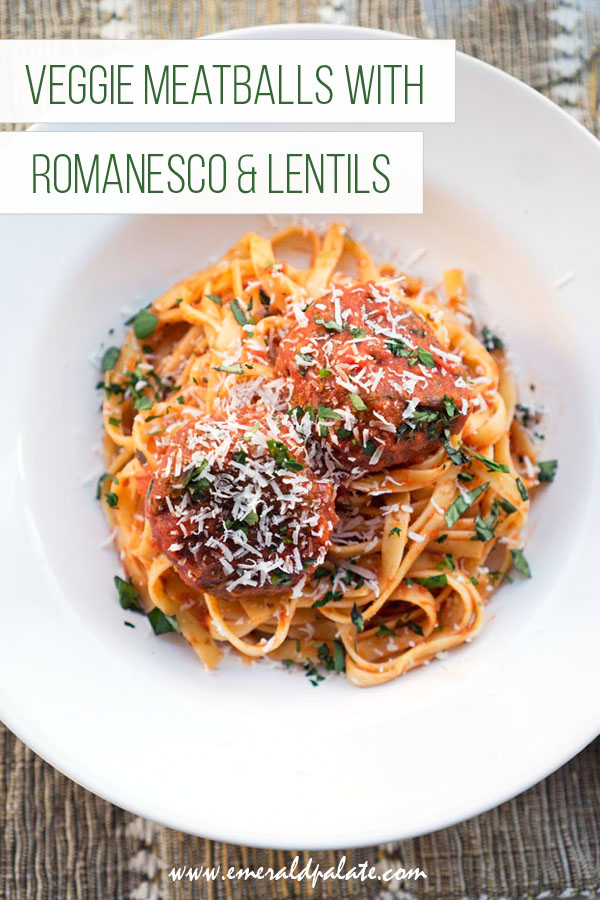 bowl of fettuccini pasta featuring romanesco and lentil meatballs in red sauce