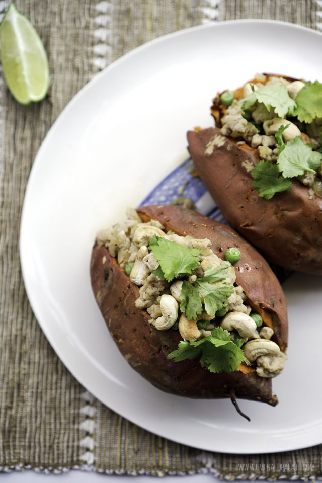 stuffed sweet potatoes with Thai curry, coconut milk, and cashews
