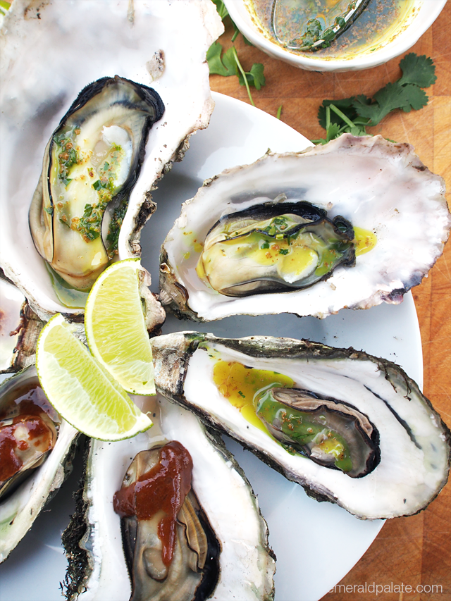 Hama Hama oysters grilled and served with a miso butter and cilantro-curry butter