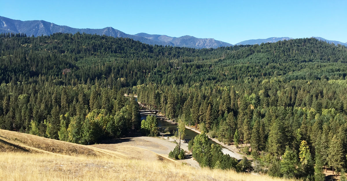 The view from Suncadia Resort Hotel in Washington overlooks the Cle Elum River and a ton of evergreen trees.