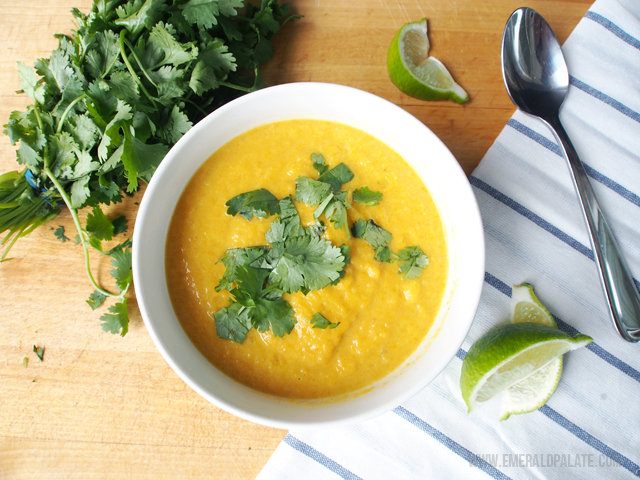 This carrot parsnip soup recipe features dukkah, an Egyptian spice made up of hazelnuts, cumin, sesame seeds and more.