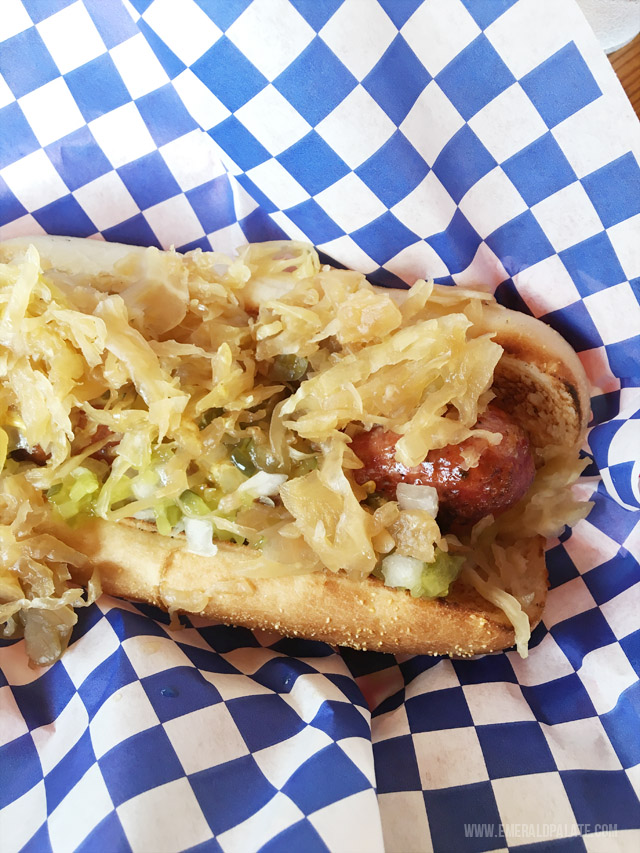 Cheddar sausage with apple cider saurkraut, onions, relish, and mustard from Leavenworth, Washington, a Bavarian snow town in the middle of the mountains.