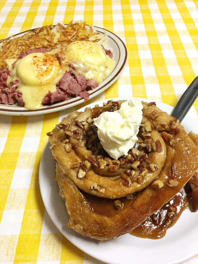 The Irish eggs benedict and insanely big cinnamon roll from Jimmys Down the Street in Couer dAlene, Idaho. As featured on Guy Fieris Diner, Drive Ins, and Dives.