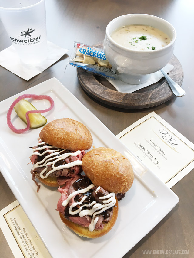 Shaved roast beef sliders with horseradish cream and amazing New England clam chowder from the lodge at Schweitzer Mountain Resort in Idaho, a popular ski resort.