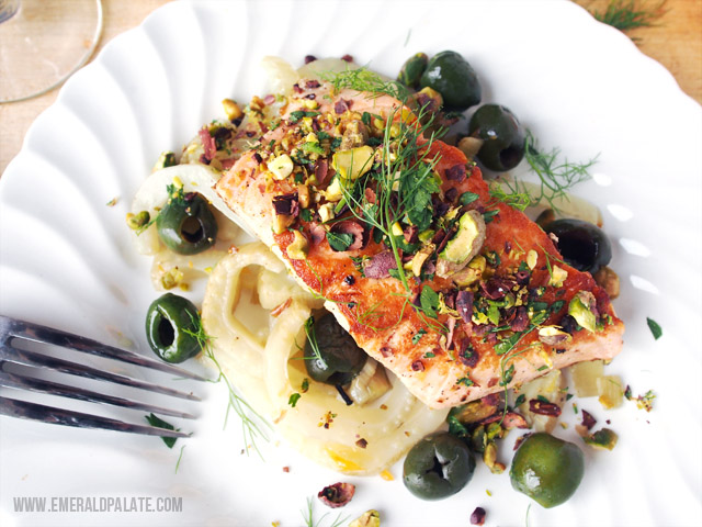 An orange fennel salmon recipe is light on the stomach and super flavorful, which makes it perfect for Valentine's Day. Served with pistachio and cacao nib gremolata, it is the perfect bit of sweet, sour, and bitter.