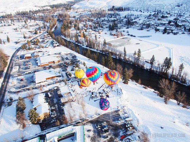 View of balloons getting ready to take off at the Winthrop Hot Air Balloon Festival in Washington.