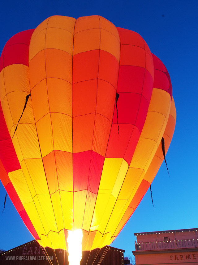 A hot air balloon glowing from the fire. You can see these close up at the Winthrop Hot Air Balloon Festival, held every March in central Washington.