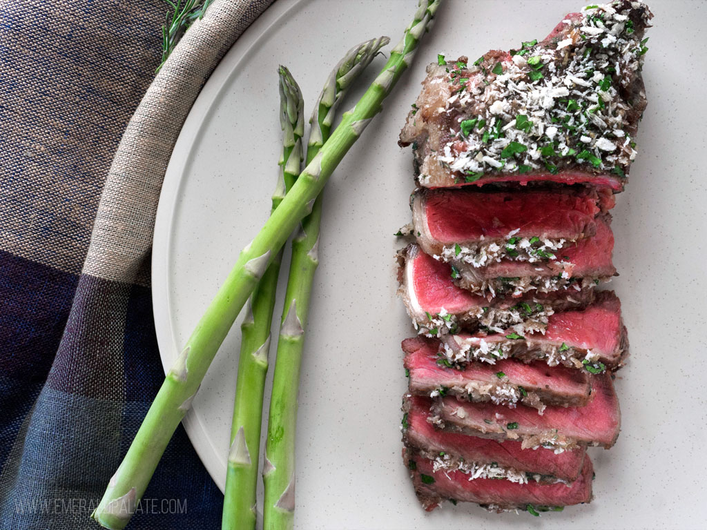 an easy steak recipe with a rosemary jam crust