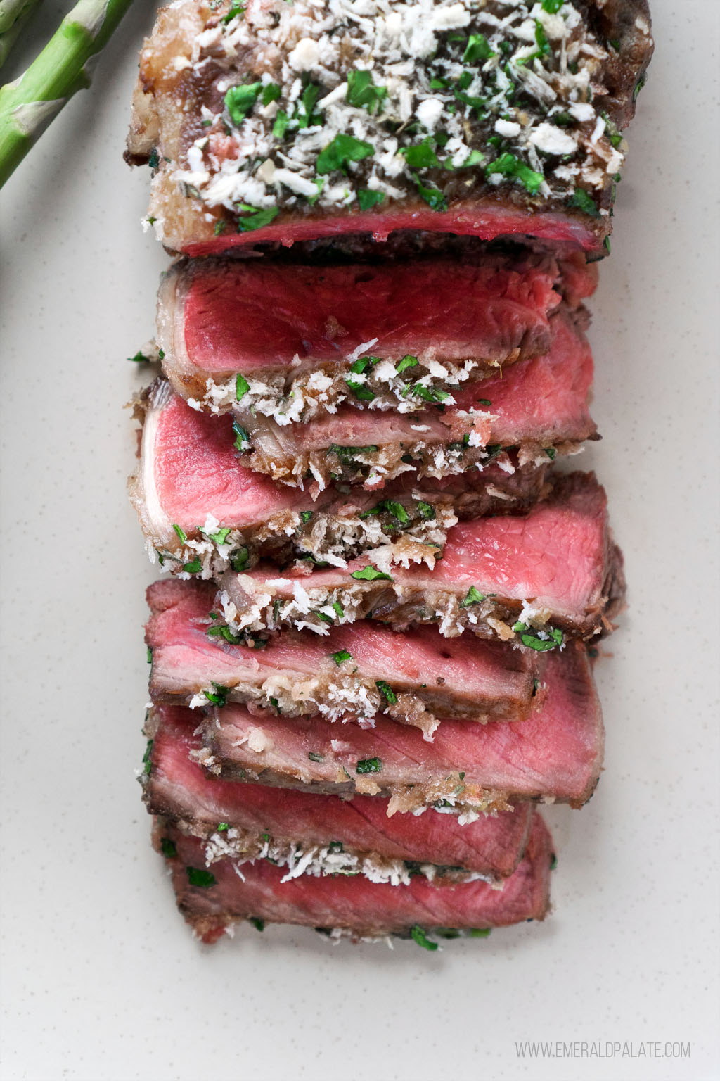 close up of sliced steak encrusted