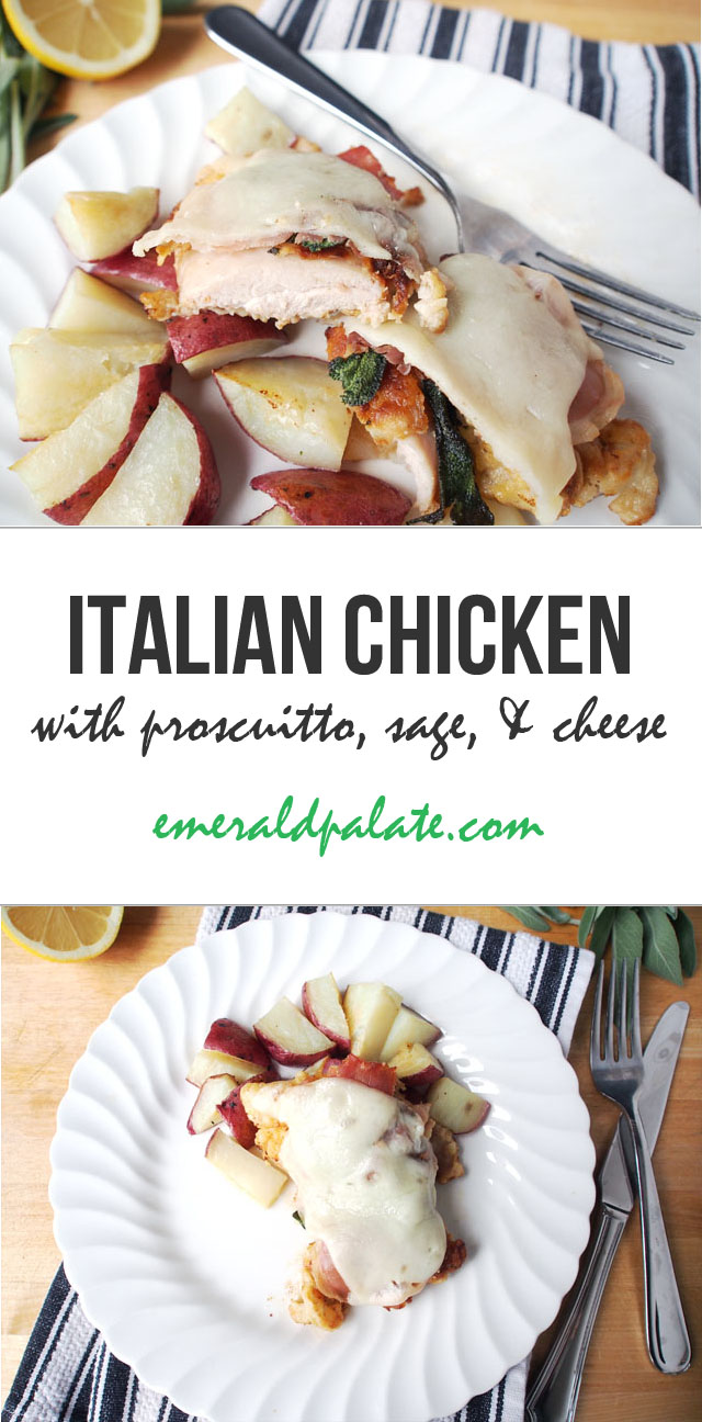 This Italian chicken prosciutto recipe is so easy and tasty! It includes proscuitto, sage, and provolone...an Italian take on the famous Cordon Bleu recipe known as saltimbocca. This tastes like it has a saltimbocca sauce, but its all within the flavor of the chicken. No sauce is included (or needed!).