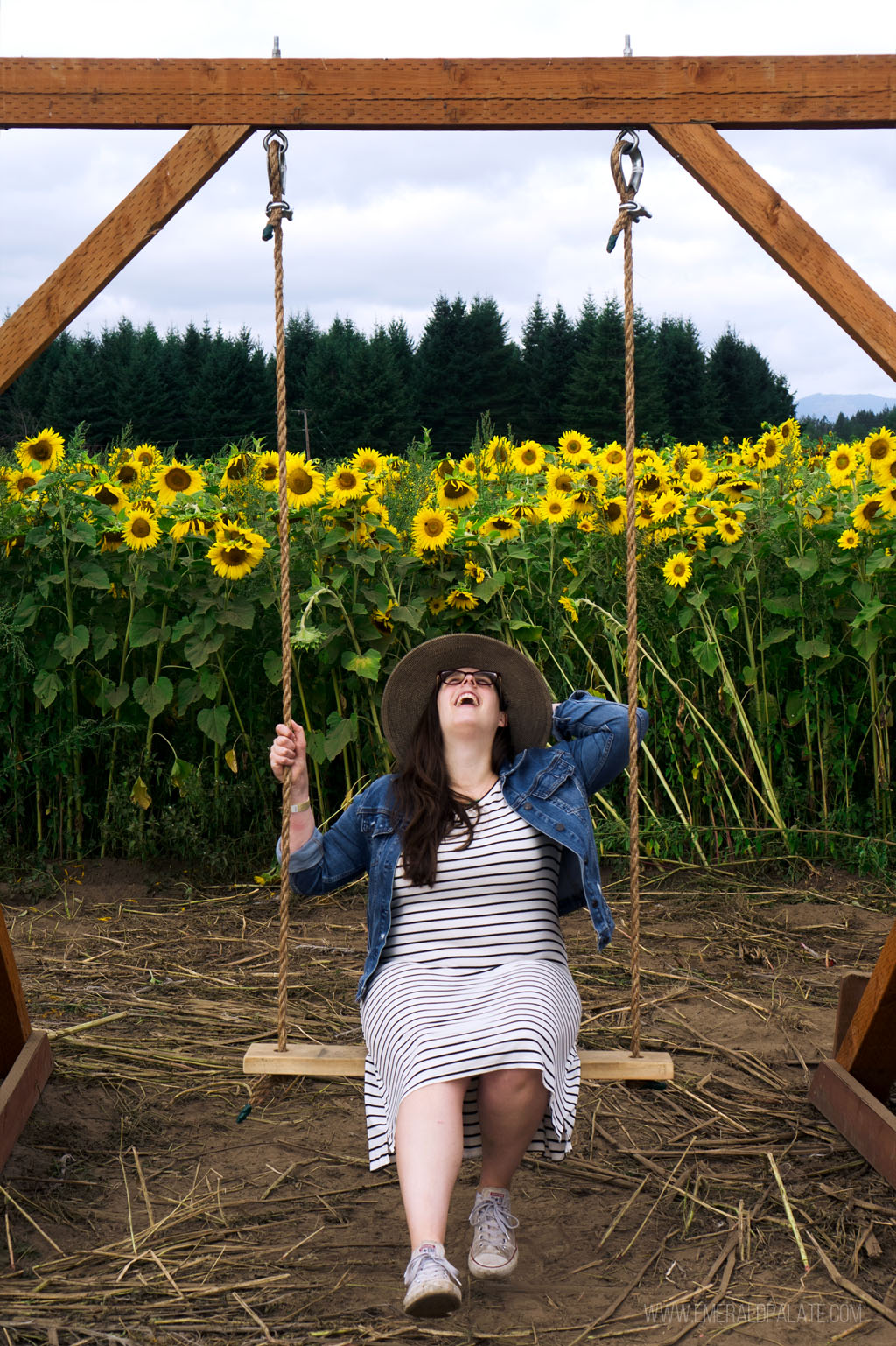 woman laughing on a swing at a sunflower farm in Olympia, Washington | Best Road Trips from Seattle