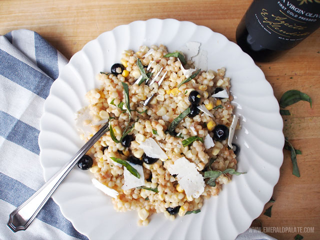 Israeli couscous salad with fresh corn, blueberries, and tarragon.