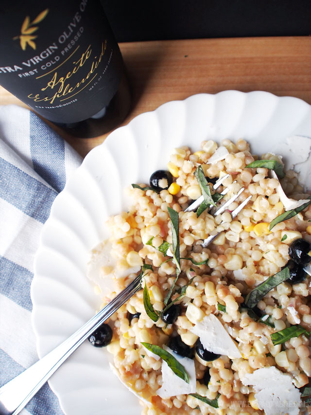 Esplendido Douro is a Portugese extra virgin olive oil that's mild and grassy. It goes great with this Israeli couscous salad that mixes blueberries and fresh corn.