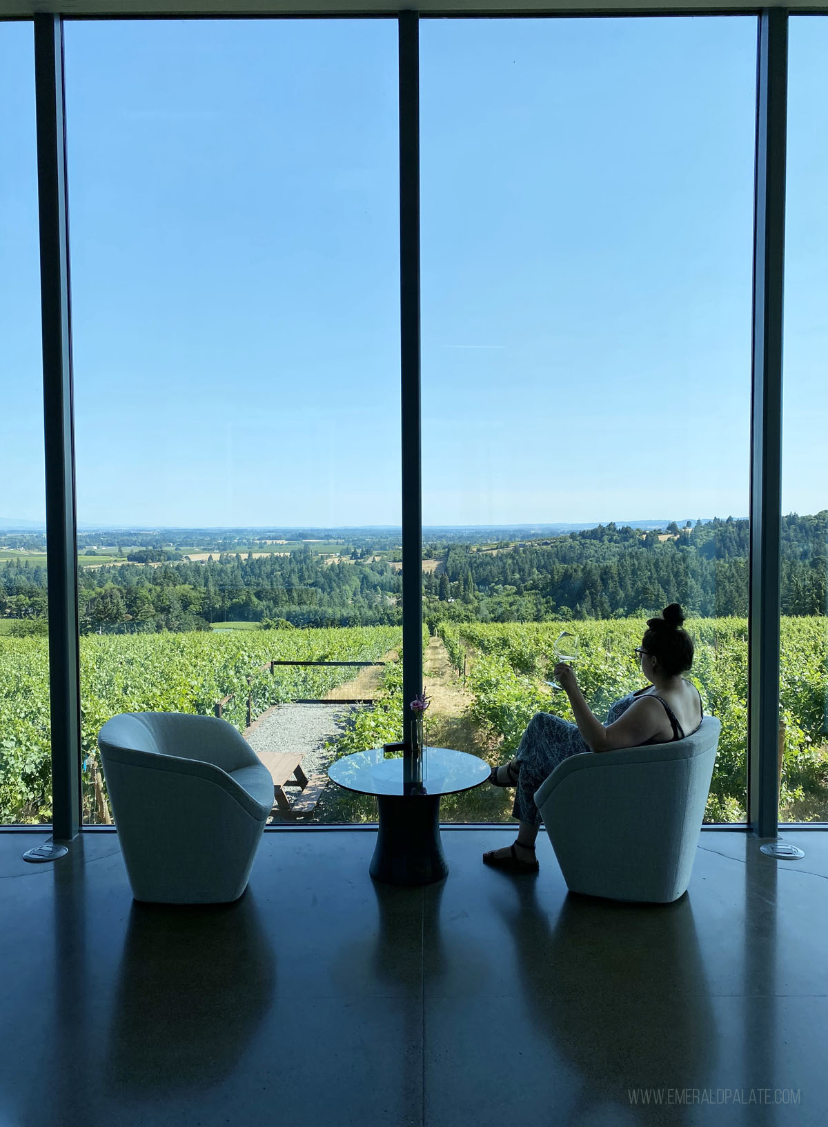woman enjoying views from the tasting room at one of the best wineries in Willamette Valley