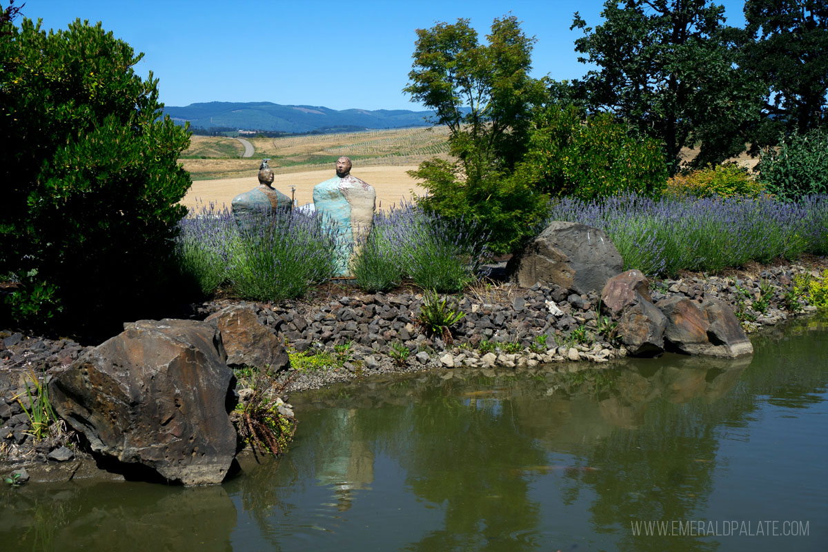 sculpture and koi pond at a Willamette Valley winery