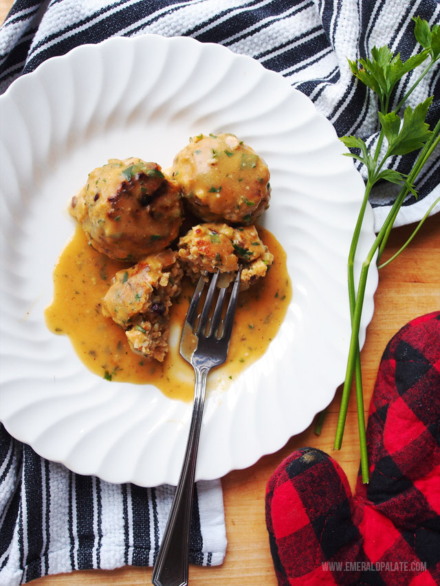 These pumpkin meatballs are served in a pumpkin gravy. It is a fall version of Swedish meatballs.