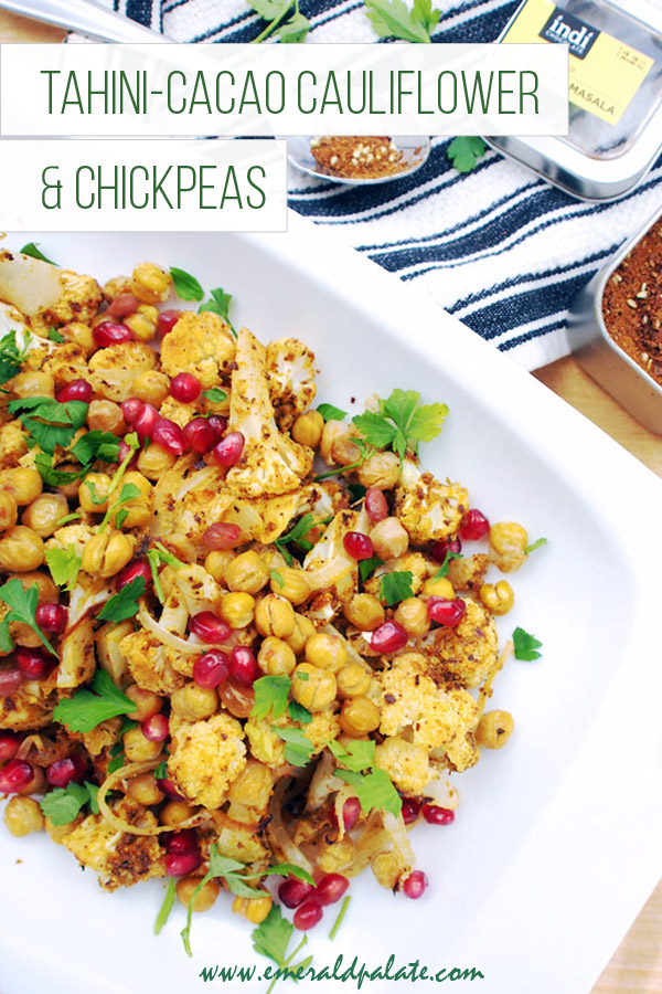 roast cauliflower recipe with chickpeas in a tahini-cacao spice rub