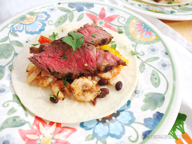 An easy fajita recipe featuring shrimp, steak, and a creole sauce.