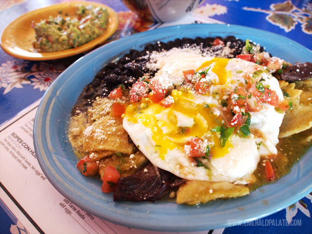 Chilaquilles are a Mexican dish of tortilla chips, carne asada, egg, beans, and salsa. One of the best I had is in Seattle, so if you are looking for places to eat in Seattle, you must get this dish!