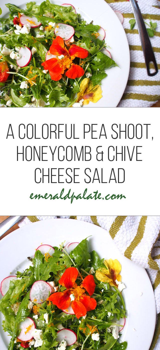 collage of two pictures of a spring salad in a plate with text on it that says a colorful pea shoot, honeycomb, and chive cheese salad
