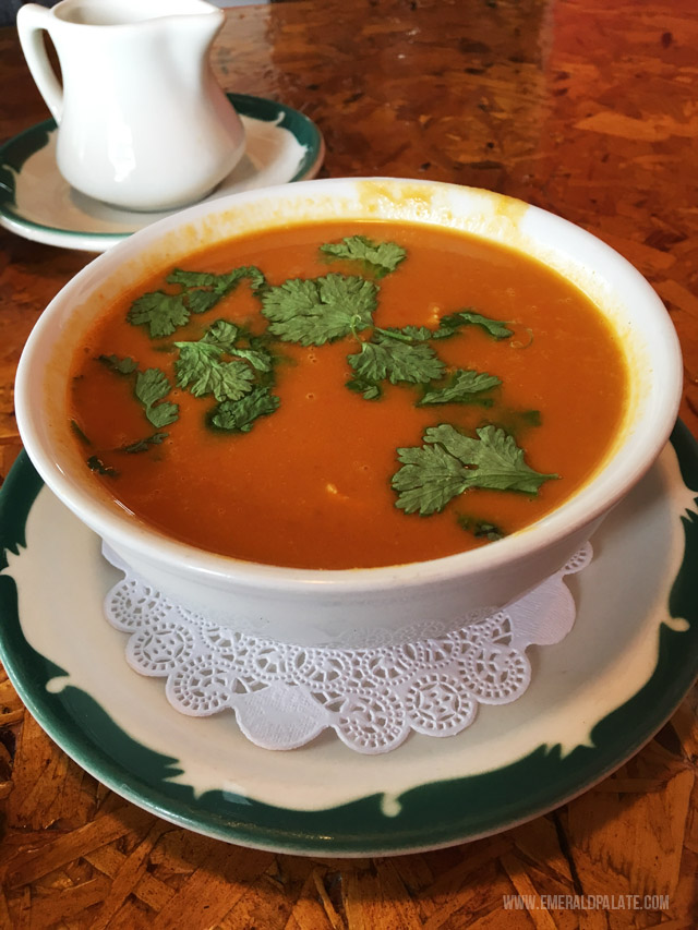 Senegalese soup from Rhodys Cafe in Bow, WA, a place to get brunch after visiting the tulip fields at the Seattle Tulip Festival