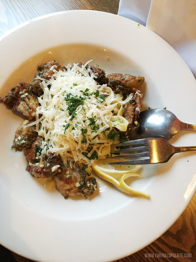 oyster fettucini from Oyster and Thistle in La Connor, WA, a quaint town near the Skagit Valley Seattle Tulip Festival