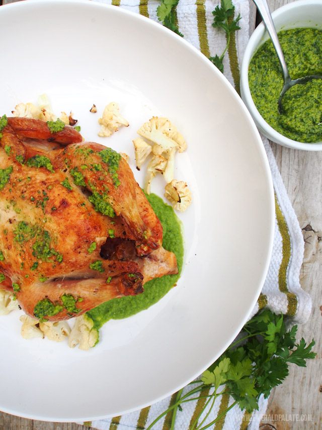 Jazz roast chicken up with an easy pea puree and olive chimichurri sauce.